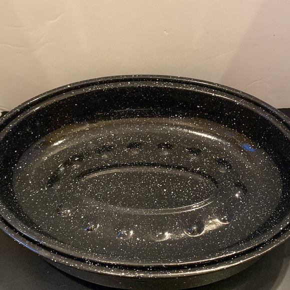 VTG enamelware black speckled oval lidded 16 inch roasting pan - Picture 5 of 12